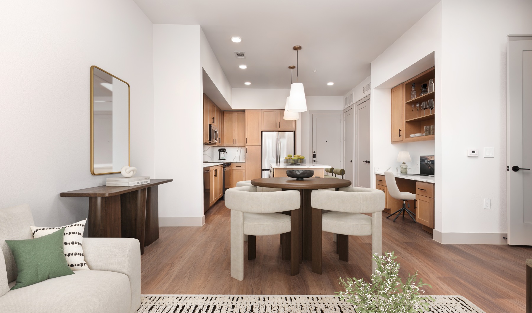 living room with kitchen view 